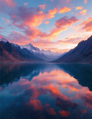 The primary subject of the image is a large body of water, likely a lake, with a beautiful mountain range in the background. The setting is a serene and picturesque landscape, with the mountains and water creating a stunning visual effect. The visual style of the image is a photo, capturing the natural beauty of the scene. The colors and mood of the image are predominantly warm and calming, with the sunset casting a warm glow over the landscape.